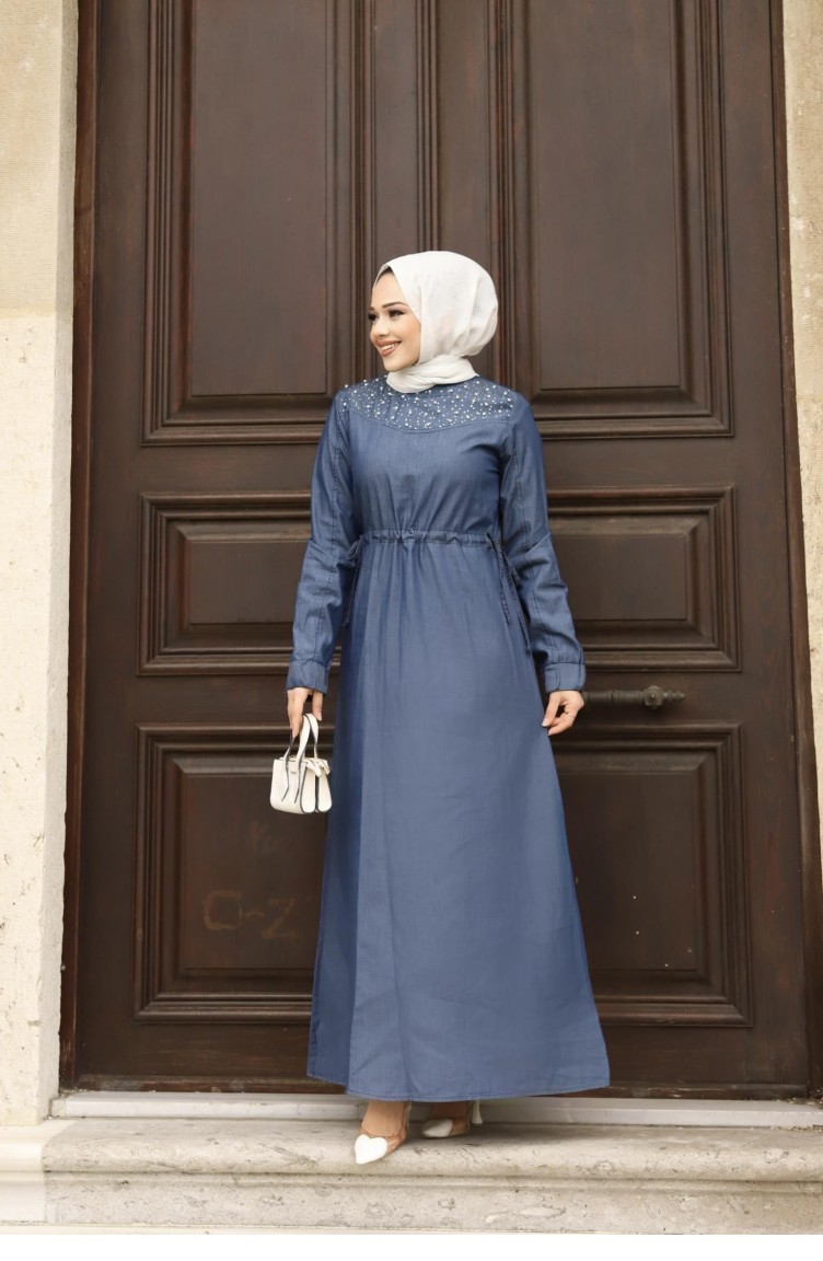 Robe En Jean Fonce Hijab Avec Details De Perles 367 Sefamerve
