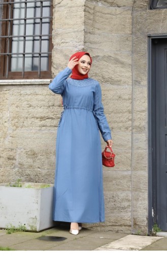 Robe En Jean Léger Hijab Avec Détails De Perles 368