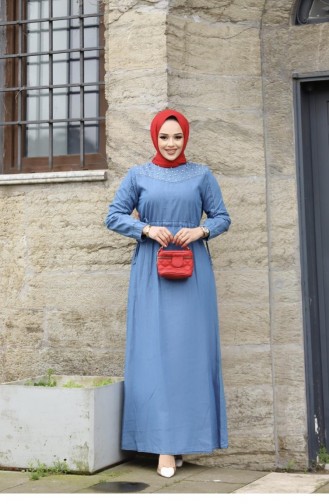Robe En Jean Léger Hijab Avec Détails De Perles 368