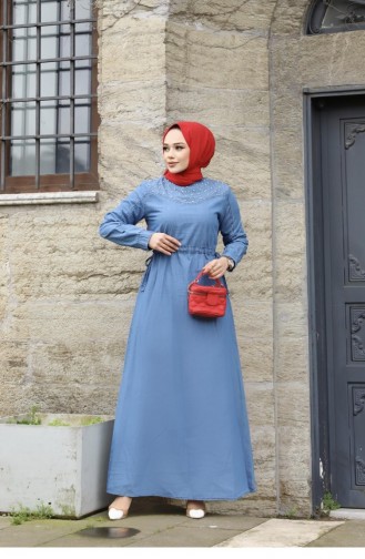 Robe En Jean Léger Hijab Avec Détails De Perles 368