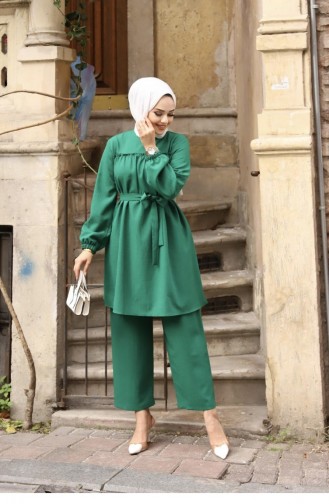 Frill Detailed Hijab Green Suit 370