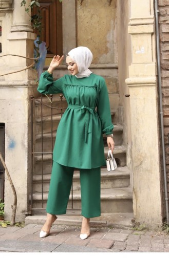 Frill Detailed Hijab Green Suit 370