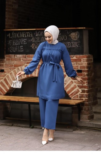 Rüschendetaillierter Hijab-Anzug In Indigo 371