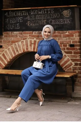 بدلة حجاب مفصلة مكشكشة باللون النيلي 371