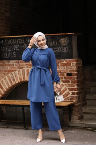 Rüschendetaillierter Hijab-Anzug In Indigo 371