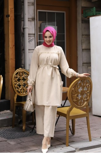 Frill Detailed Hijab Beige Suit 372
