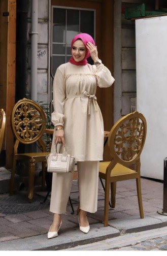 Frill Detailed Hijab Beige Suit 372
