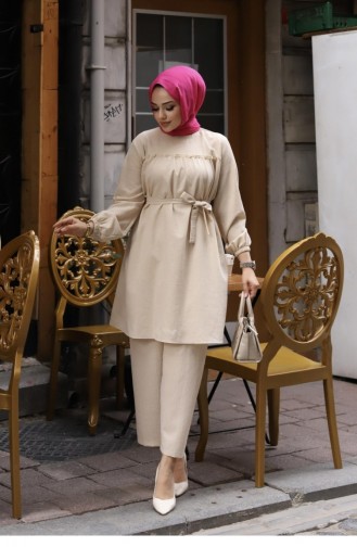 Frill Detailed Hijab Beige Suit 372