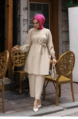 Frill Detailed Hijab Beige Suit 372