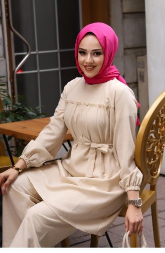 Frill Detailed Hijab Beige Suit 372