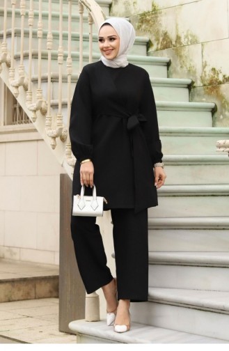 Seitlich Gebundener Schwarzer Hijab-Anzug 387