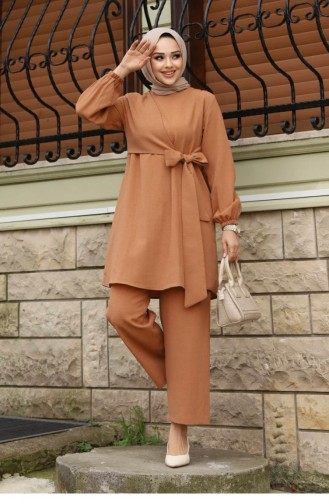 Yandan Bağlamalı Tesettür Camel Takım