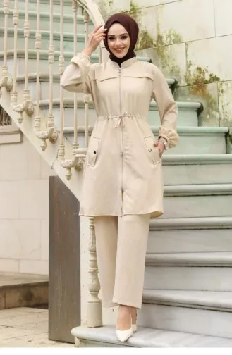 Tunnel Detailed Hijab Beige Set 398