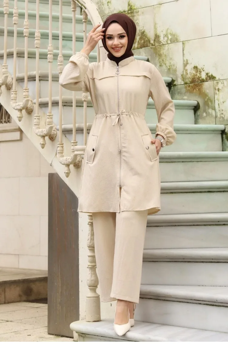 Tunnel Detailed Hijab Beige Set 398