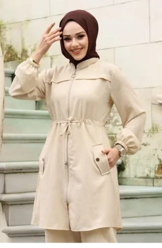 Tunnel Detailed Hijab Beige Set 398