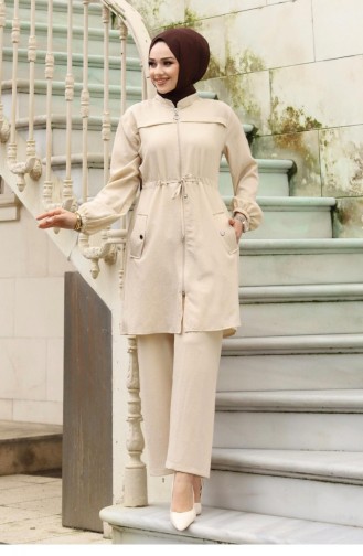 Beigefarbener Hijab-Anzug Mit Tunneldetail 398