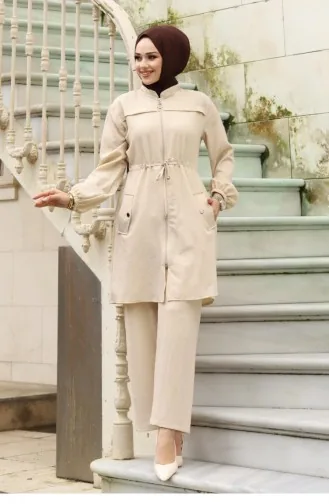 Tunnel Detailed Hijab Beige Set 398