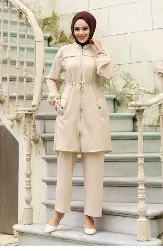 Tunnel Detailed Hijab Beige Set 398