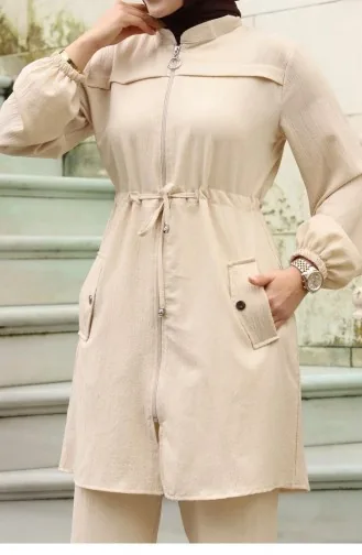 Tunnel Detailed Hijab Beige Set 398