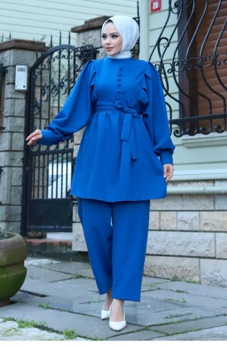 Button Detailed Hijab Indigo Suit 407