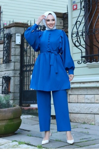 Button Detailed Hijab Indigo Suit 407