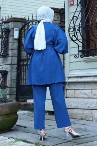 Button Detailed Hijab Indigo Suit 407