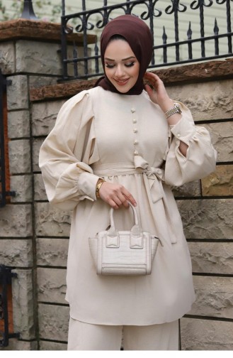 Costume Beige Hijab Détail Boutonné 410