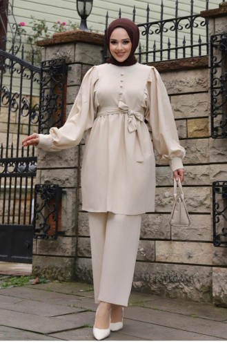 Costume Beige Hijab Détail Boutonné 410