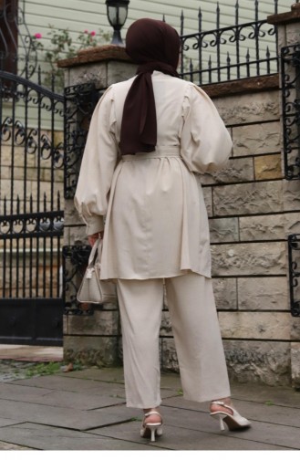 Costume Beige Hijab Détail Boutonné 410