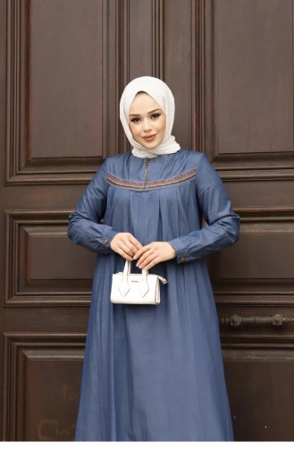 Embroidery Detailed Hijab Denim Dark Dress 411