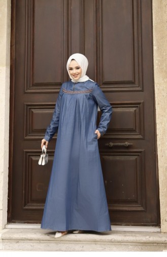Embroidery Detailed Hijab Denim Dark Dress 411