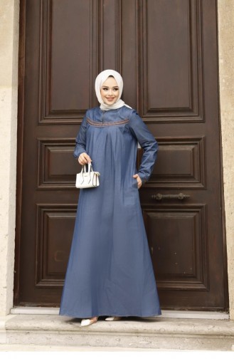 Embroidery Detailed Hijab Denim Dark Dress 411