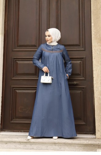 Embroidery Detailed Hijab Denim Dark Dress 411