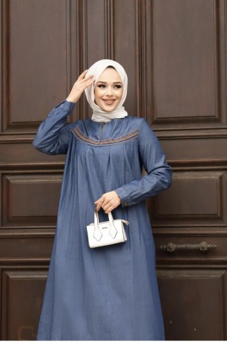 Embroidery Detailed Hijab Denim Dark Dress 411