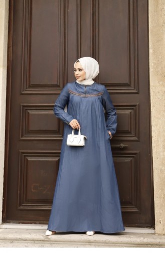 Embroidery Detailed Hijab Denim Dark Dress 411