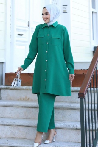 Pocket Detailed Hijab Green Suit 415