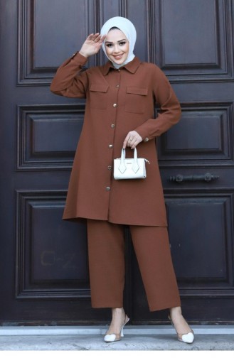 Pocket Detailed Hijab Brown Suit 417