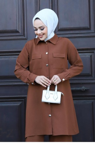 Pocket Detailed Hijab Brown Suit 417