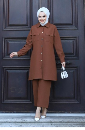 Pocket Detailed Hijab Brown Suit 417