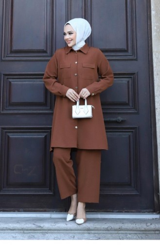 Pocket Detailed Hijab Brown Suit 417