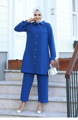 Hijab-Indigo-Anzug Mit Taschendetail 418