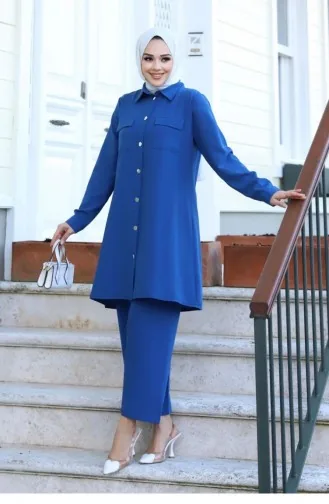 Hijab-Indigo-Anzug Mit Taschendetail 418