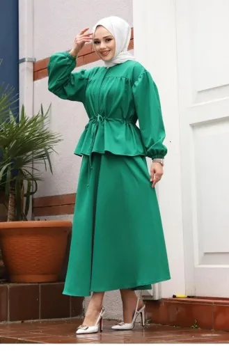 Bronze Detailed Hijab Green Suit 419
