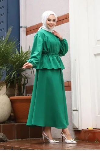 Bronze Detailed Hijab Green Suit 419