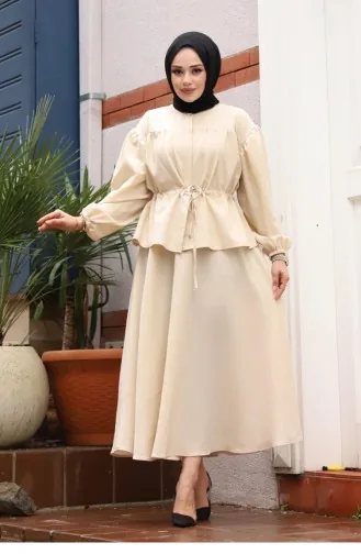 Bronzefarbener Detaillierter Hijab-Anzug In Beige 422