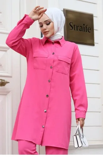 Cep Detaylı Tesettür Fuşya Takım