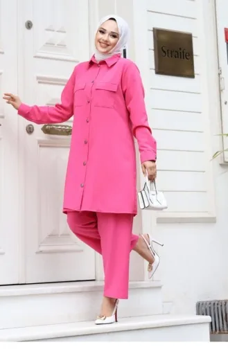 Cep Detaylı Tesettür Fuşya Takım