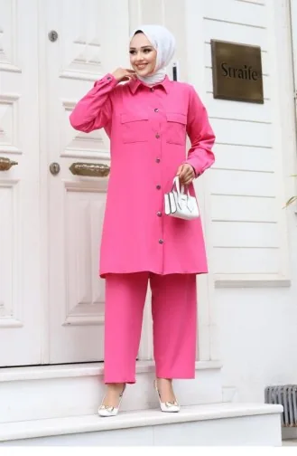 Cep Detaylı Tesettür Fuşya Takım