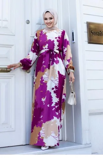 Robe Hijab Fuchsia à Motifs De Feuilles 449