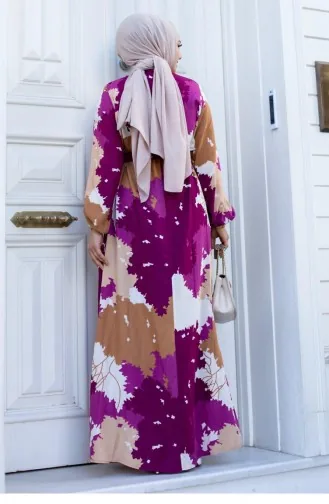 Robe Hijab Fuchsia à Motifs De Feuilles 449
